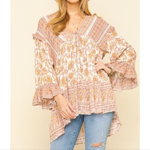 Free People Moonlight Dance Flowy Tunic Top Floral Boho V Neck Crochet Trim